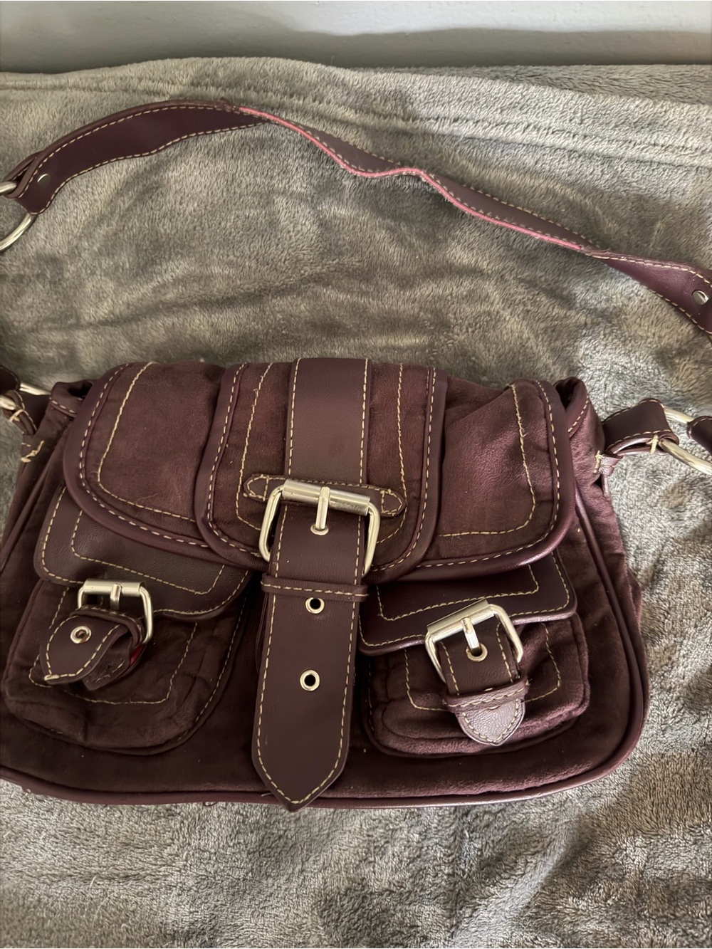 Women's Burgundy Buckle-Front Shoulder Bag Y2K